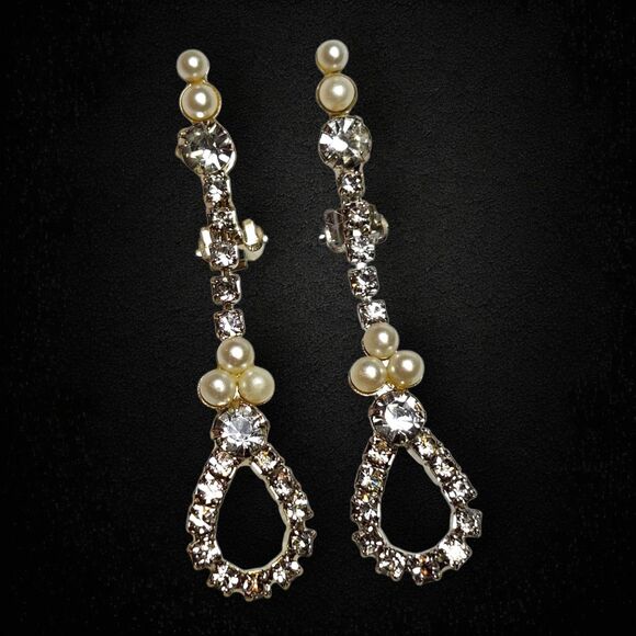 Vintage Pearl & Rhinestone Clip-On Dangle Earrings Sparkly Long Statement - Picture 1 of 6